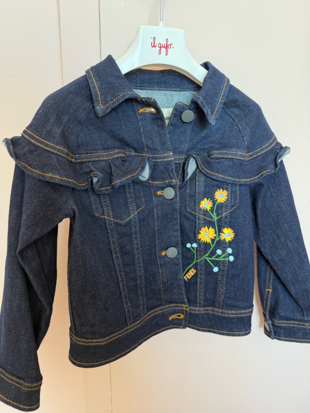 Fendi Dark Blue Denim Jacket with Yellow Floral Detail